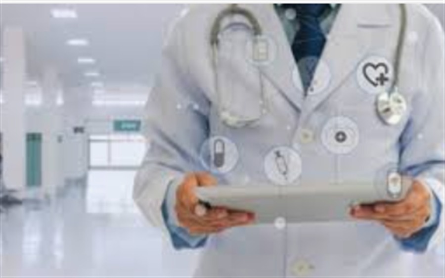 Clinic Management visual with physician and digital patient care workflow interface.