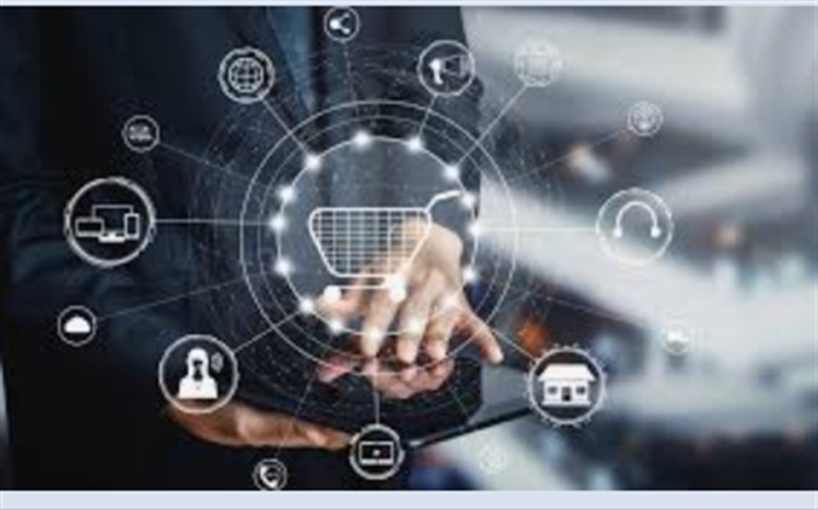 E-commerce Platform interface concept with digital cart and connected omnichannel commerce workflows.