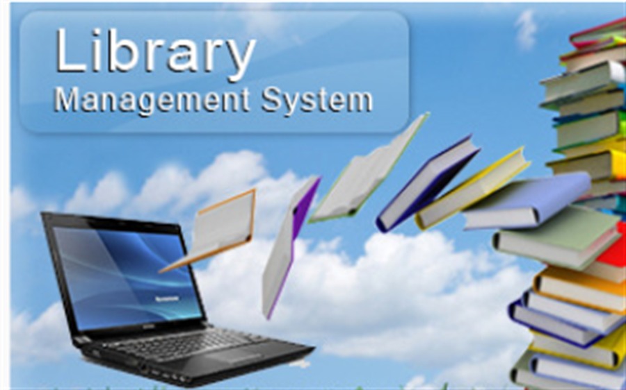 Library Management System visual with books and digital learning context.